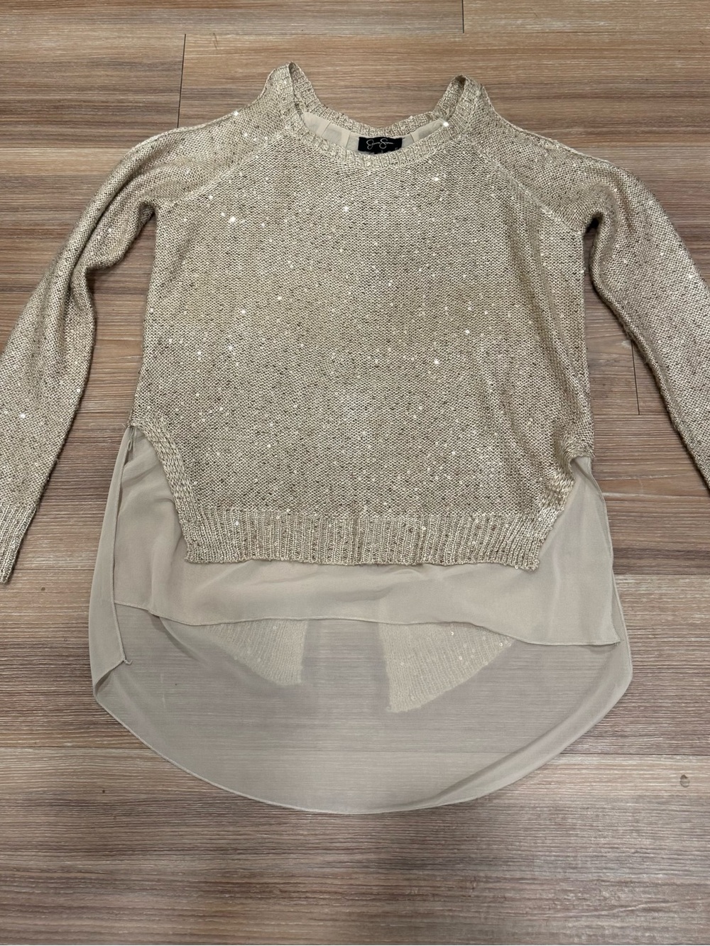 Jessica Simpson Beige Champagne Sequin Scoop-Neck Layered-Hem Sweater